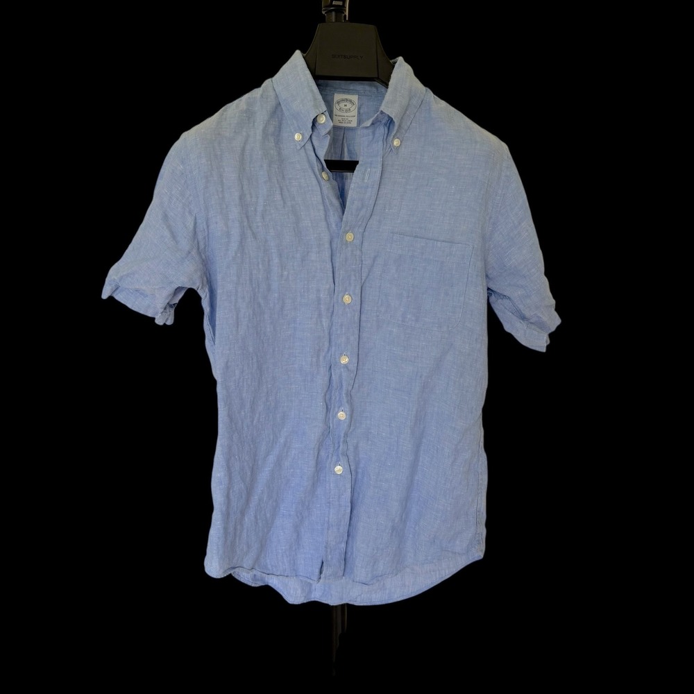 Brooks Brothers M Slim Fit Irish Linen Short Sleeve Button Down Shirt Blue